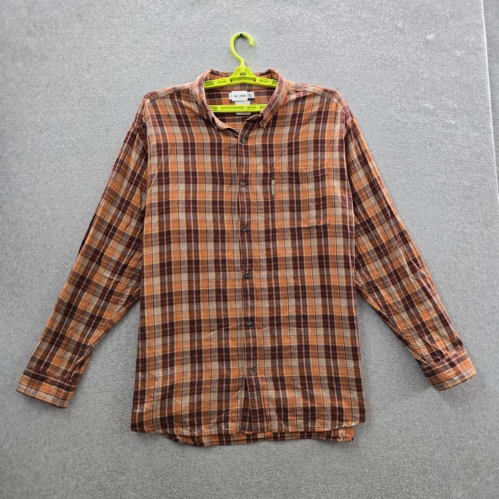 Columbia Men Button Up Shirt XL Orange Plaid Flannel Long Sleeve